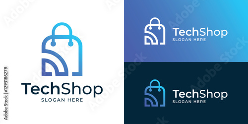 Modern minimalist tech shop logo template. Shopping bag with signal wifi symbol, online shop logo design vector illustration.