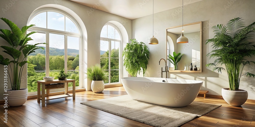 Fototapeta premium Minimalist Bathroom: Freestanding Tub, Clean Lines, Large Mirror - Stock Photo