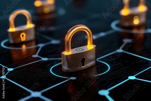 Close-up of glowing locks on a digital network illustrating cybersecurity concepts.