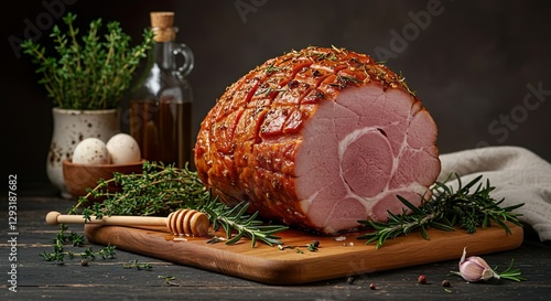 Easter dish, rustic Easter ham baked with herbs and honey, rustic style.
