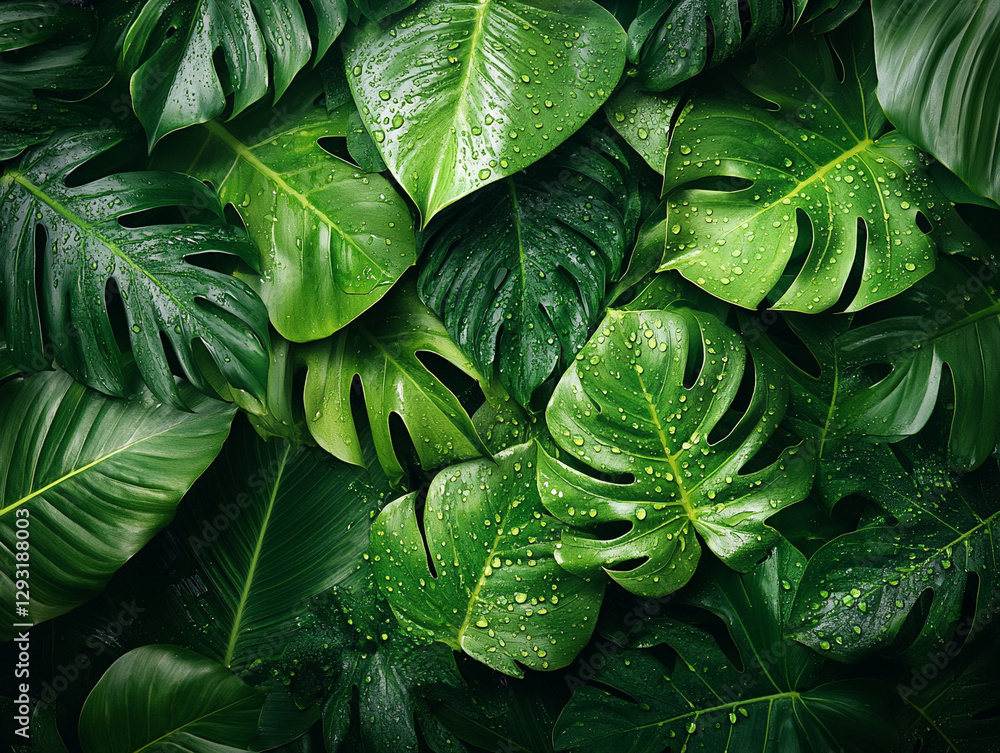 Fototapeta premium Lush green leaves covered in droplets after rain