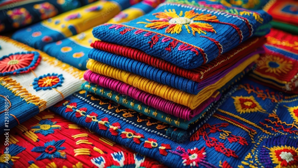 Stack of vibrant traditional Ukrainian embroidered textiles showcasing intricate folk art patterns and colorful fabric designs Stack of vibrant traditional Ukrainian embroidered textiles showcasing intricate folk art patterns and colorful fabric designs