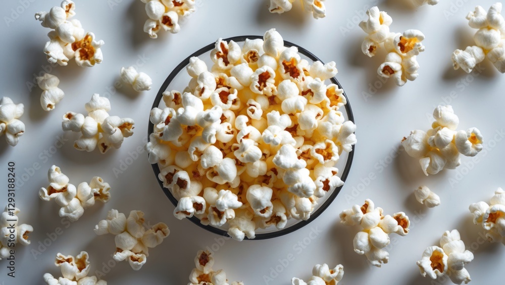 Delicious popcorn in a bowl surrounded by scattered kernels on a bright background for food, snack or movie-themed designs. Delicious popcorn in a bowl surrounded by scattered kernels on a bright background for food, snack or movie-themed designs.