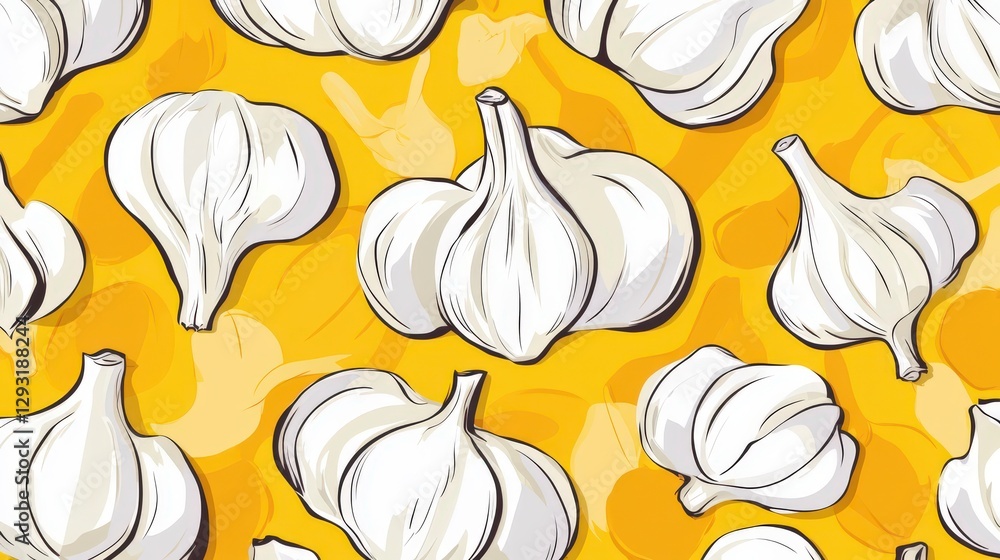 Vibrant Yellow Background with a Seamless Pattern of Hand-Drawn Garlic Heads Vibrant Yellow Background with a Seamless Pattern of Hand-Drawn Garlic Heads