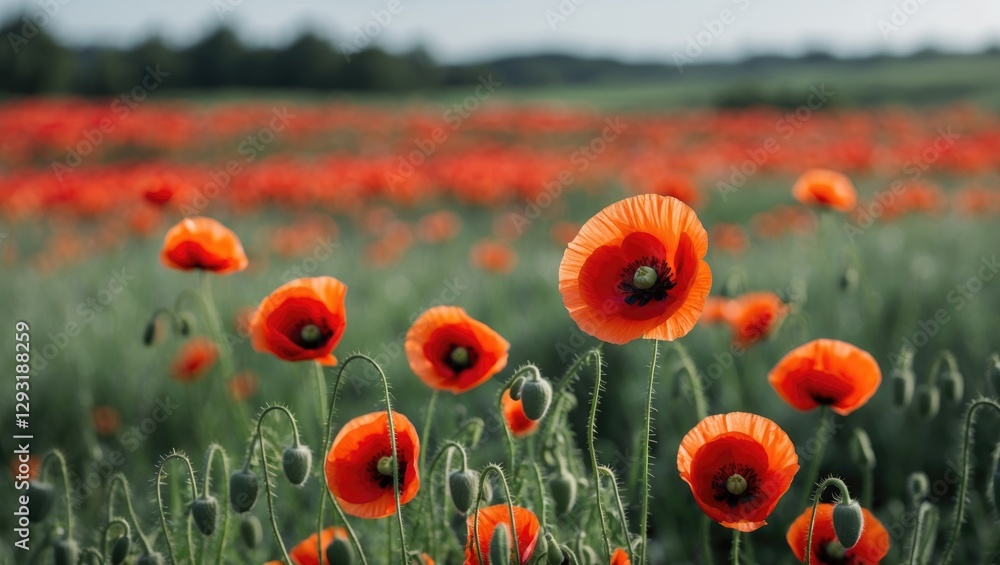 Obraz premium Vibrant Poppy Field with Bright Red Flowers in Close Up and Ample Copy Space for Text or Messages