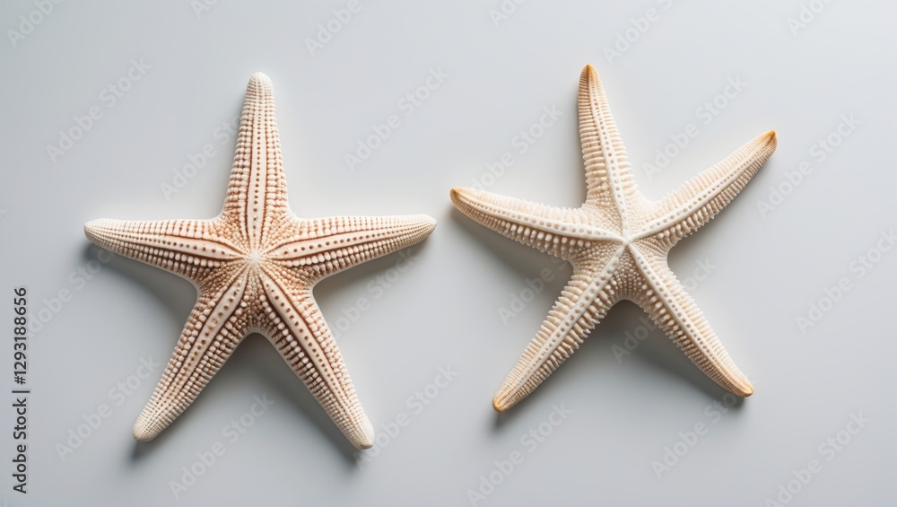 Two Unique White Starfish Isolated on a Light Background with Subtle Shadows and Ample Copy Space for Text or Design Elements Two Unique White Starfish Isolated on a Light Background with Subtle Shadows and Ample Copy Space for Text or Design Elements