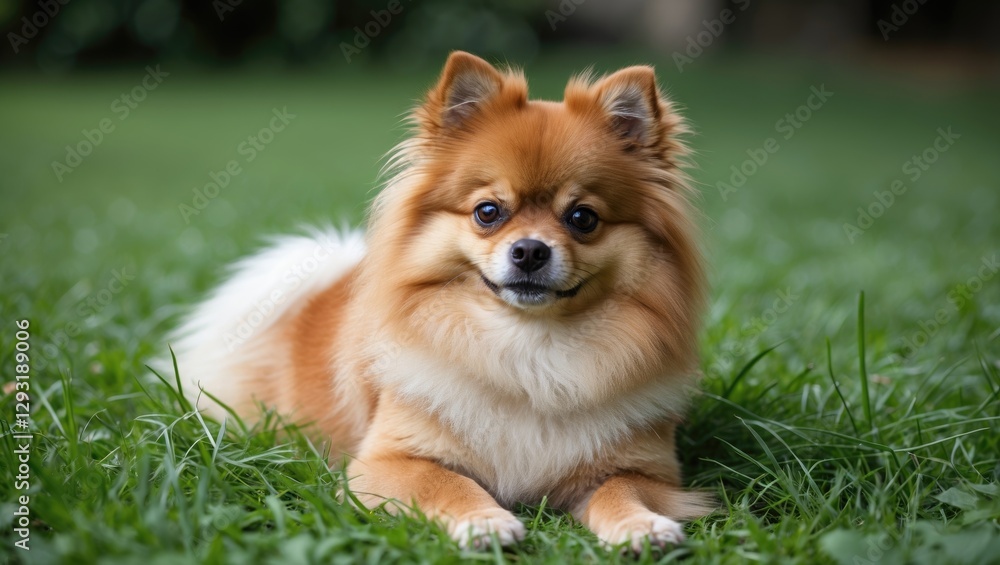 Pomeranian Dog Relaxing on Lush Green Grass in a Natural Outdoor Setting Pomeranian Dog Relaxing on Lush Green Grass in a Natural Outdoor Setting