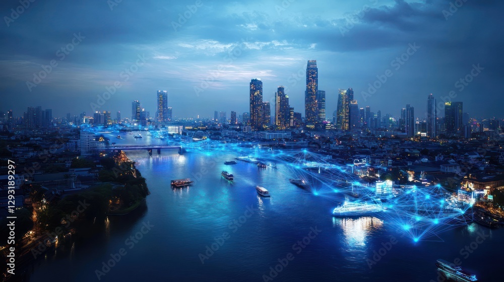 Obraz premium Night city river traffic, data streams, connectivity