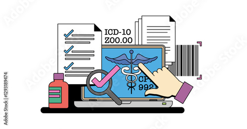 Medical coding training with hands using tech tools, key objects, laptop, magnifying glass, documents, transparent background. Neubrutalism hands concept