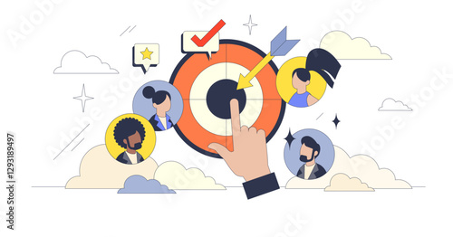 Target audience concept with diverse avatars around a dartboard, transparent background.Key elements, dartboard, avatars, hand.