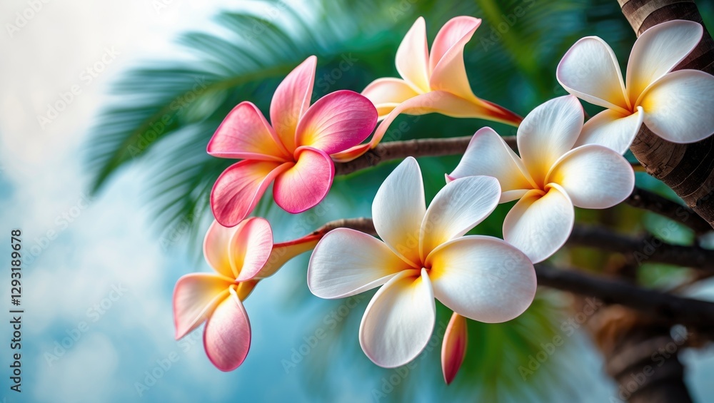 Fototapeta premium Tropical Plumeria Flowers in Vibrant Colors with Lush Background and Blank Space for Text Ideal for Nature or Travel Themes