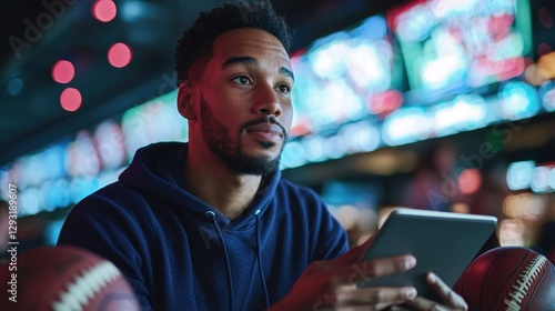 Focused Man Engaged with Tablet in Sports Betting Environment