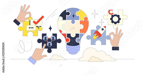 Collaborative brainstorming depicted with hands assembling puzzle pieces into a lightbulb, transparent background. Key objects, lightbulb, puzzle pieces, hands. Neubrutalism hands concept