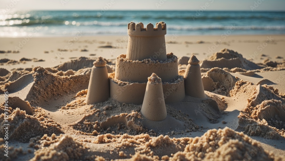 Sandcastle on the Beach with Gentle Waves in Background and Clear Space for Text Ideal for Summer and Vacation Themed Designs Sandcastle on the Beach with Gentle Waves in Background and Clear Space for Text Ideal for Summer and Vacation Themed Designs
