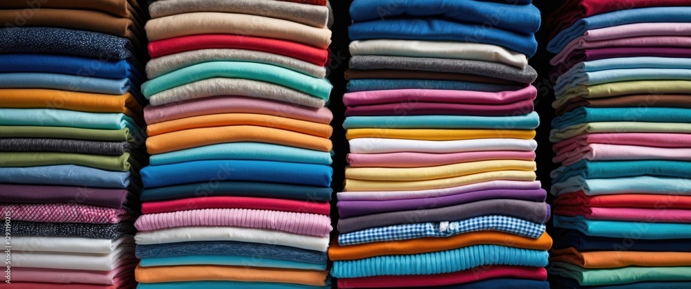 Vibrant stack of neatly folded colorful clothing creating a visually appealing background for fashion or textile industry themes Vibrant stack of neatly folded colorful clothing creating a visually appealing background for fashion or textile industry themes