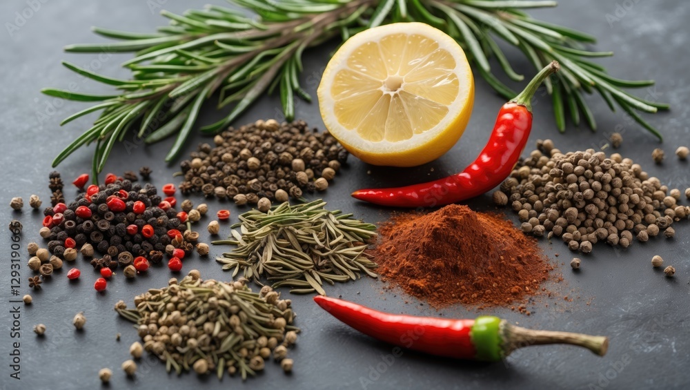 Fototapeta premium Fresh Herbs Spices Lemon and Chili for Flavoring Seafood Dishes Culinary Ingredients on Dark Background