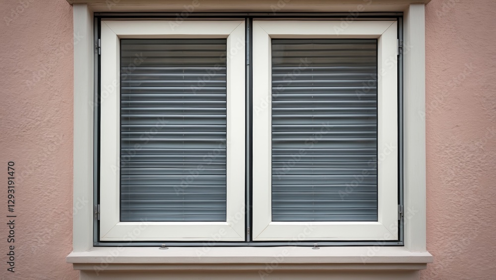 Modern plastic window with closed roller shutters featuring a clean design and neutral colors on a textured wall background. Modern plastic window with closed roller shutters featuring a clean design and neutral colors on a textured wall background.
