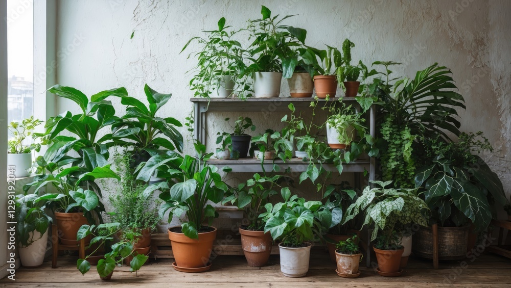 Lush indoor plants in various pots arranged on a wooden shelf creating a vibrant and refreshing green home atmosphere Lush indoor plants in various pots arranged on a wooden shelf creating a vibrant and refreshing green home atmosphere