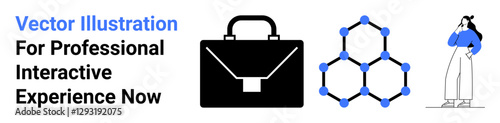 Black briefcase, network with blue dots to symbolize connections, and contemplative person. Ideal for business, teamwork, networking, strategy, innovation, decision-making flat landing page banner