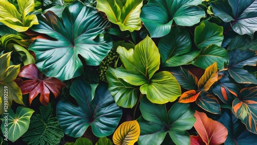 Wallpaper Mural Vibrant foliage featuring a variety of shapes and colors showcasing the beauty of tropical plants in a lush green background. Torontodigital.ca