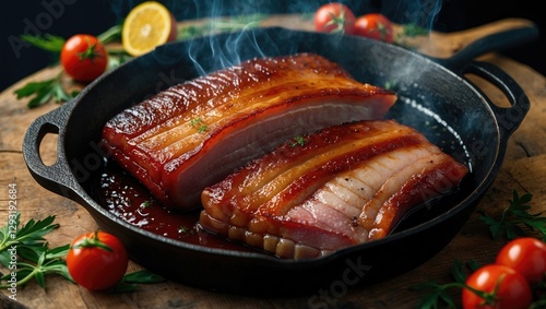 Savory Smoked Pork Belly Barbecue Served in Cast Iron Pan with Herbs and Cherry Tomatoes for Gourmet Cooking Experience photo