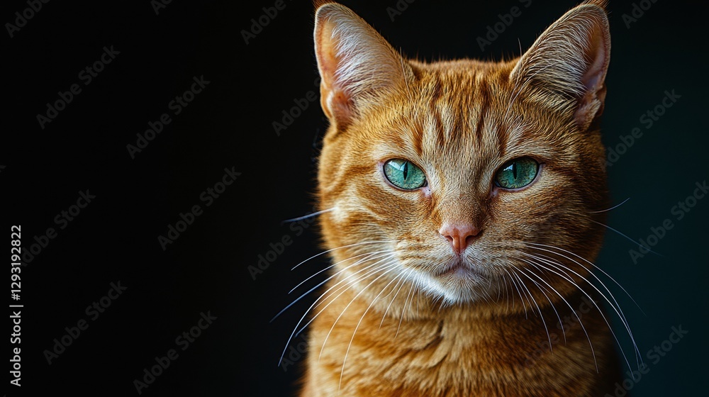Obraz premium Close-up portrait of a ginger tabby cat with piercing green eyes on a dark background. Domestic pet and feline beauty concept