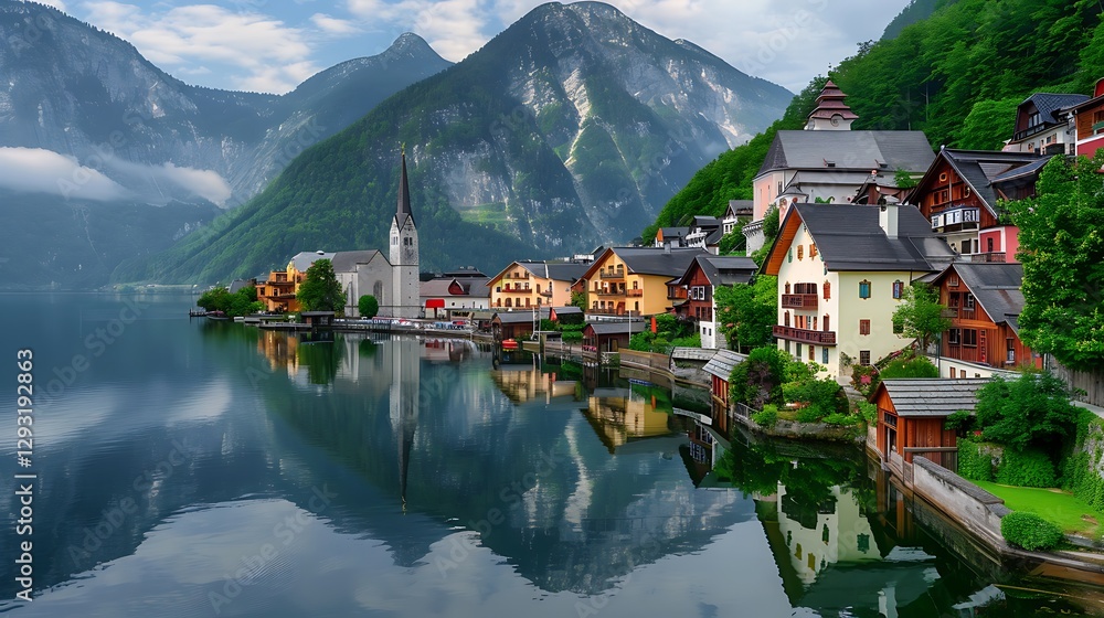 Serene Mountain Lake Community with Colorful Houses and Reflective Water Landscape Serene Mountain Lake Community with Colorful Houses and Reflective Water Landscape