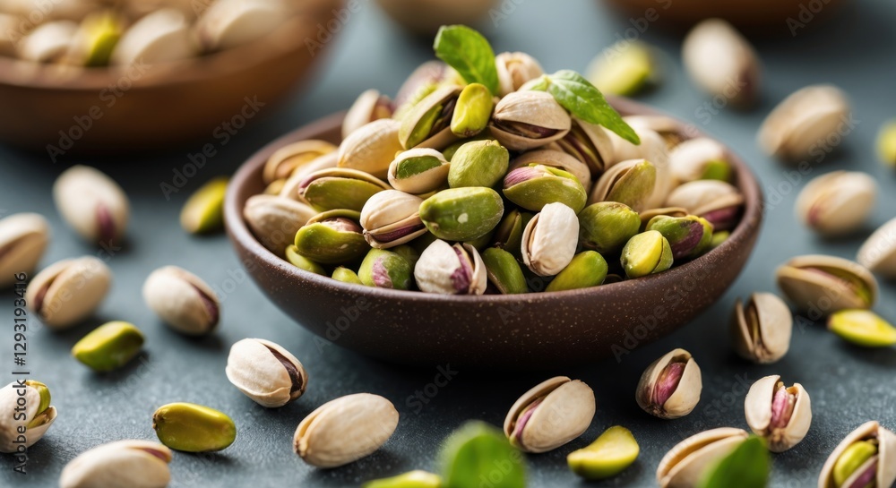 Pistachio nuts in a rustic bowl with scattered kernels on a gray surface fresh and flavorful background for culinary themes Pistachio nuts in a rustic bowl with scattered kernels on a gray surface fresh and flavorful background for culinary themes