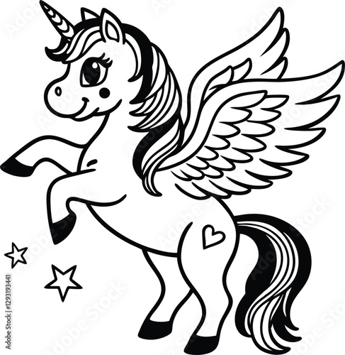 Cute cartoon unicorn Pegasus vector illustration line art silhouette