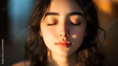 Wallpaper Mural Serene woman with closed eyes, bathed in soft light, exuding calm and tranquility. Torontodigital.ca