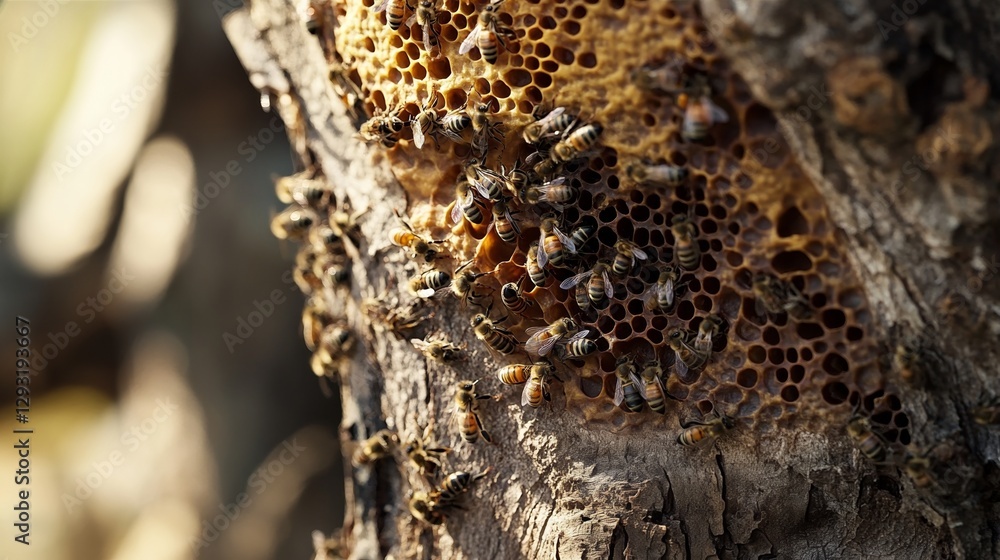 Bees diligently crafting honeycomb, showcasing nature's intricate teamwork and precision. Bees diligently crafting honeycomb, showcasing nature's intricate teamwork and precision.