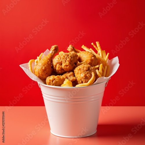 fried chicken in a pure white bucket with French fried in clean red background