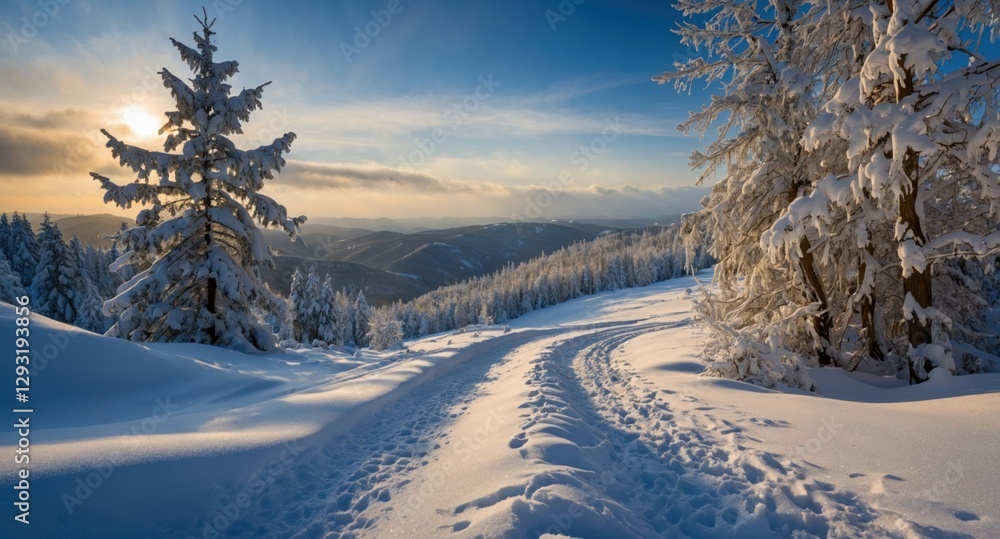 Obraz premium Winter landscape with snow-covered trees and scenic trail under a blue sky during a serene December sunset.