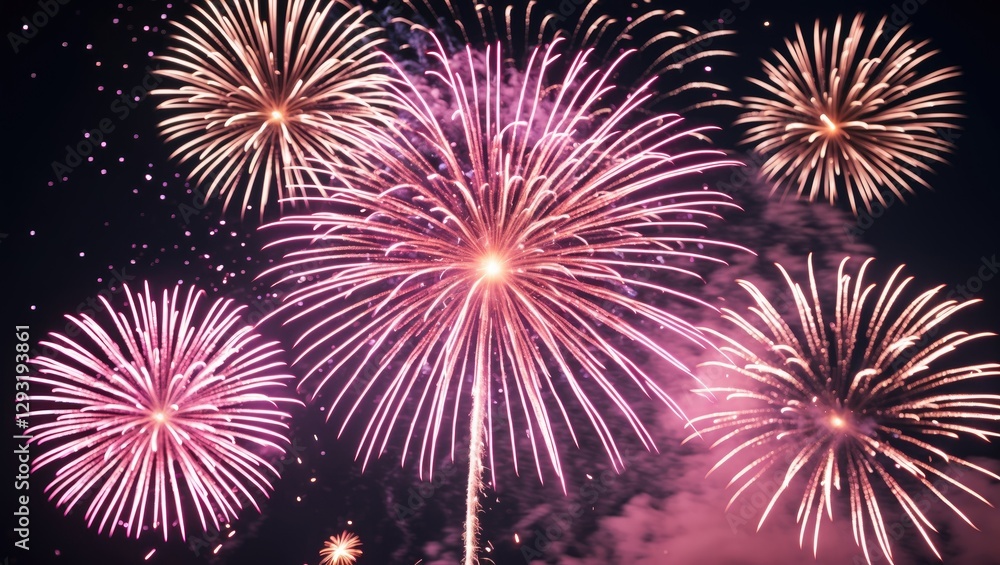 Obraz premium Vibrant Pink Fireworks Display Illuminating Night Sky with Space for Text Integration