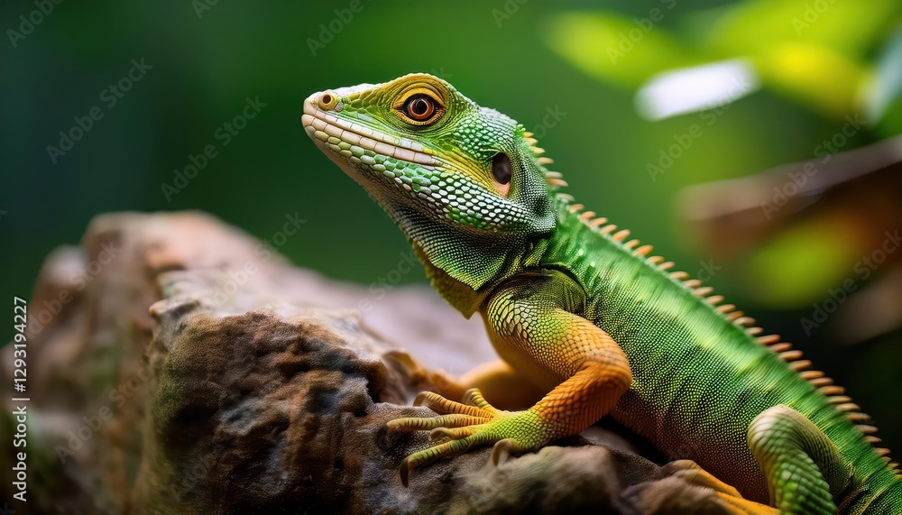 Vibrant Green Lizard Basking on a Weathered Stone Majestic Portrait of Natures Camouflaged Marvel, Captured in an Intimate Moment with Sharp Focus and Eye Contact. Vibrant Green Lizard Basking on a Weathered Stone Majestic Portrait of Natures Camouflaged Marvel, Captured in an Intimate Moment with Sharp Focus and Eye Contact.