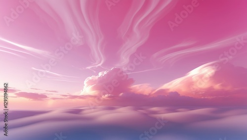 Serene pink sky with soft white clouds above a dreamy blurred landscape creating a tranquil and ethereal atmosphere. photo