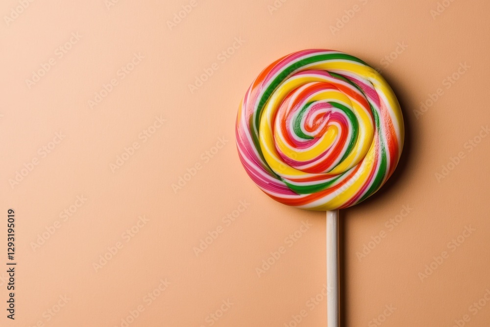 A colorful spiral lollipop on a neutral peach colored background A colorful spiral lollipop on a neutral peach colored background