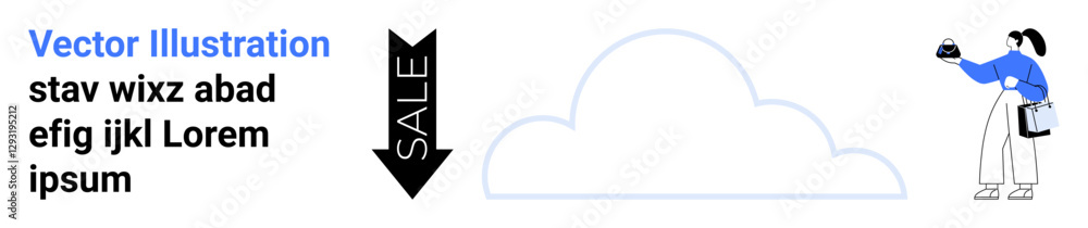 Woman holding a smartphone with a shopping bag, black downward arrow symbolizing sale, and a cloud graphic. Ideal for e-commerce, promotion, retail discounts, digital platforms, shopping ads, online Woman holding a smartphone with a shopping bag, black downward arrow symbolizing sale, and a cloud graphic. Ideal for e-commerce, promotion, retail discounts, digital platforms, shopping ads, online