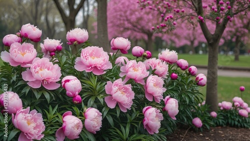 Blossoming Pink Peonies in a Vibrant Park Setting Surrounded by Trees and Lush Greenery in Full Bloom During Spring Season. photo