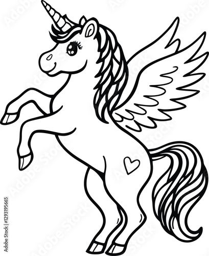 Cute cartoon unicorn Pegasus vector illustration line art silhouette