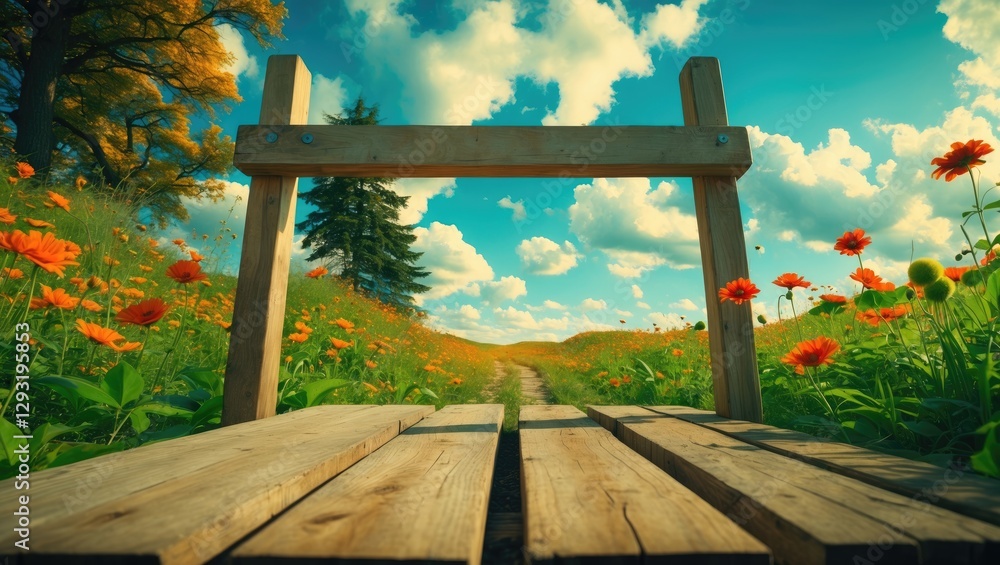 Fototapeta premium Wooden Springboard Surrounded by Colorful Flowers and Lush Greenery Under a Bright Blue Sky with Space for Text or Messaging