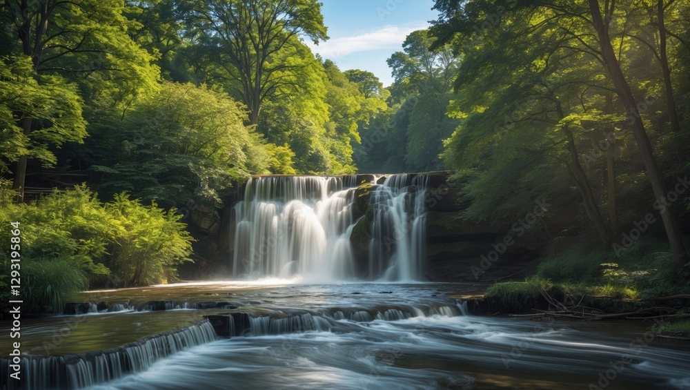 Fototapeta premium Tranquil Waterfall Surrounded by Lush Greenery Under Bright Sunshine with Long Exposure Creating Soft Water Flow Effects.