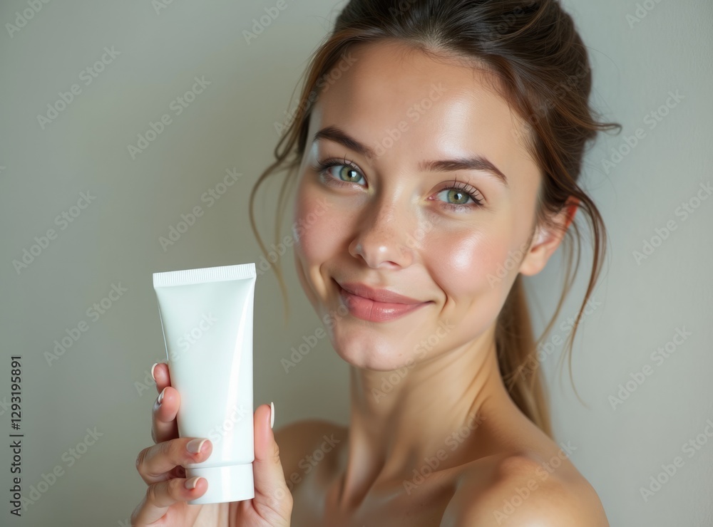 beautiful young woman holding a white tube in hand beautiful young woman holding a white tube in hand