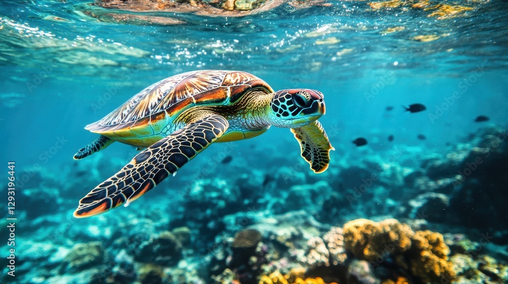 Fototapeta premium Graceful Sea Turtle Swimming in Clear Tropical Waters