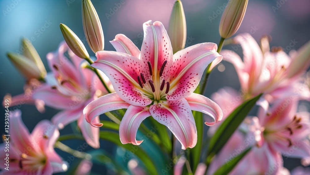 Fototapeta premium Delicate Pink Lily Bathed in Natural Light Against a Softly Blurred Background with Space for Text or Artistic Use