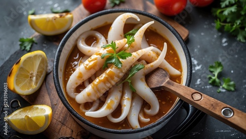 Wallpaper Mural Squid in sauce ready for grilling with fresh herbs and lemon, ideal for culinary presentations and recipe illustrations. Torontodigital.ca