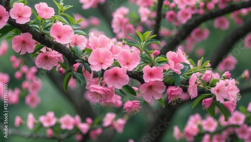 Close-up of vibrant pink flowers blooming on a green tree branch creating a colorful and tranquil floral background. Ideal for nature themes.