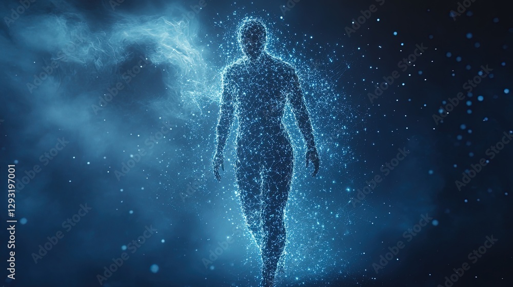 Futuristic human silhouette dissolving into particles, representing quantum teleportation Futuristic human silhouette dissolving into particles, representing quantum teleportation