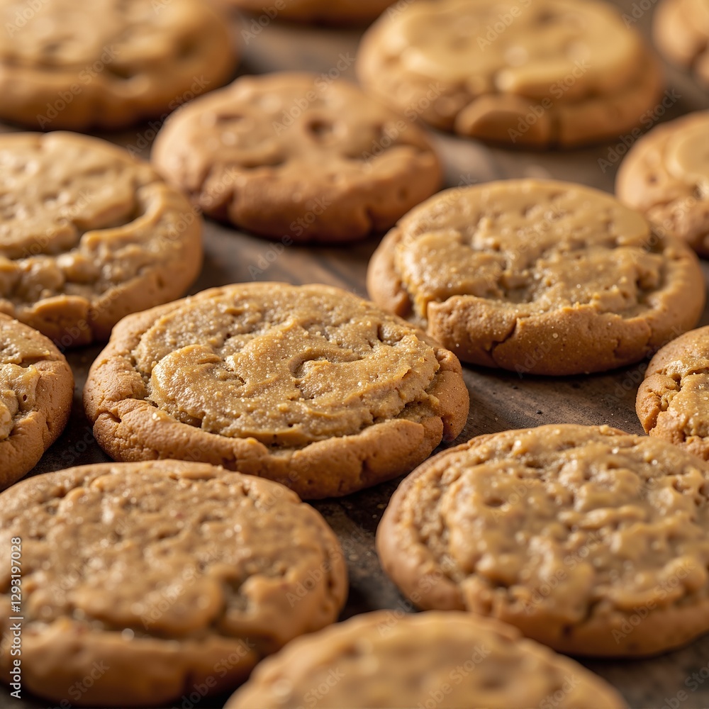 Close-up of thick ginger cookies arranged in rows, showcasing their texture and patterns. The background is neutral to highlight the details on each cookie. High-resolution, high-quality, macro photog Close-up of thick ginger cookies arranged in rows, showcasing their texture and patterns. The background is neutral to highlight the details on each cookie. High-resolution, high-quality, macro photog
