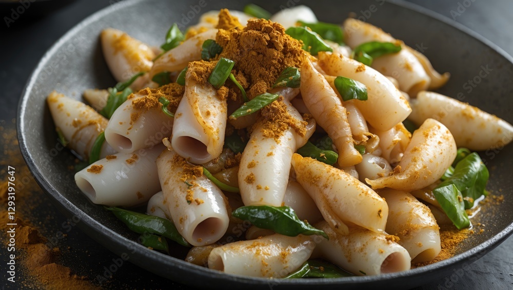 Stir-Fried Squid with Curry Powder and Fresh Greens in a Modern Black Bowl Presentation Stir-Fried Squid with Curry Powder and Fresh Greens in a Modern Black Bowl Presentation
